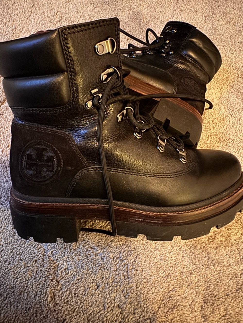 Tory Burch Black Leather Hiking-Inspired Lug Boots